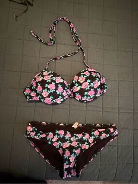 Xhilaration Black Floral Bikini Bottoms with Purple Roses